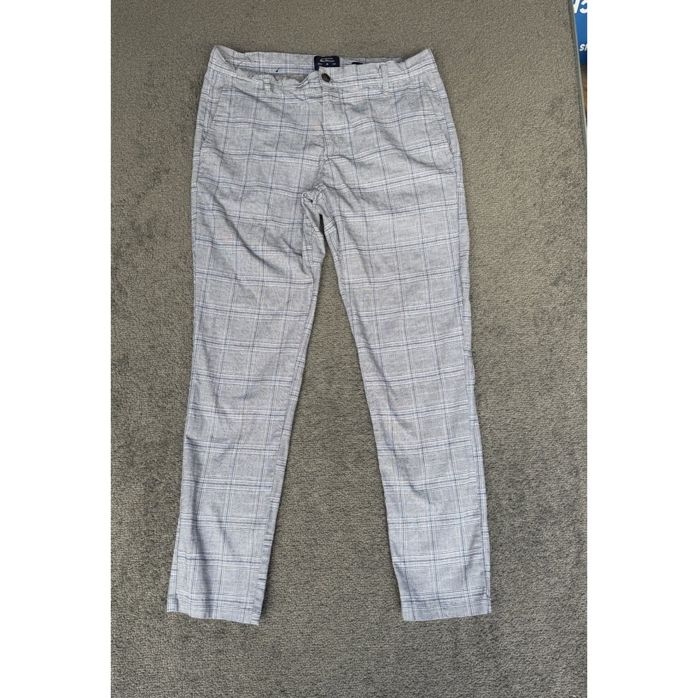 Ben Sherman Mens 33x32 Slim Fit Glen Plaid Stretch Chino Pants Grey Blue